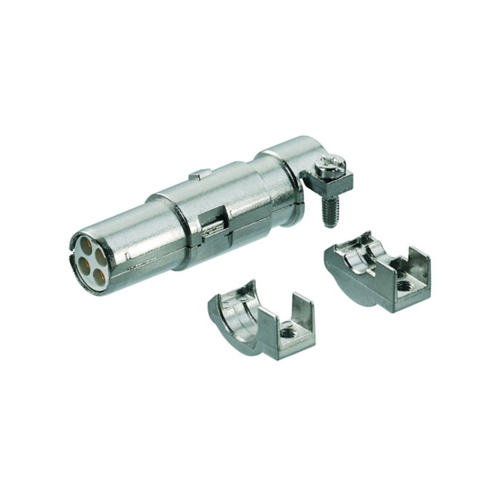 Ein metallischer Steckverbinder mit abnehmbaren Befestigungsklammern. Geeignet für elektrische Anschlüsse und Kabelverbindungen.