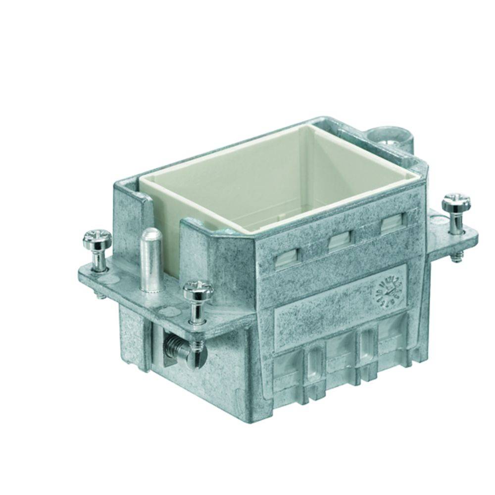 Ein rechteckiges, graues Bauteil mit Schrauben und einer offenen Mitte, vermutlich ein elektrisches Anschlussgehäuse.