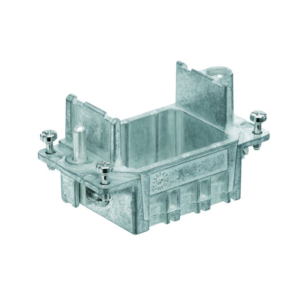 Metallbox mit rechteckiger Form und vier Eckbefestigungen. Sie hat einen erhöhten Rand und einen kleinen vertikalen Haltebolzen.