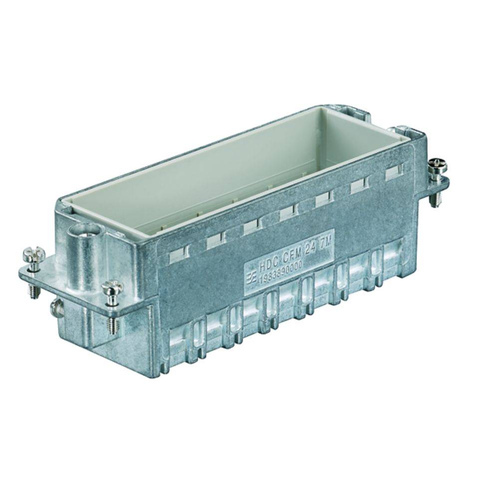 Ein rechteckiges Klemmengehäuse mit metallischem Finish, verwendet zur sicheren Verbindung und Schutz von elektronischen Komponenten.