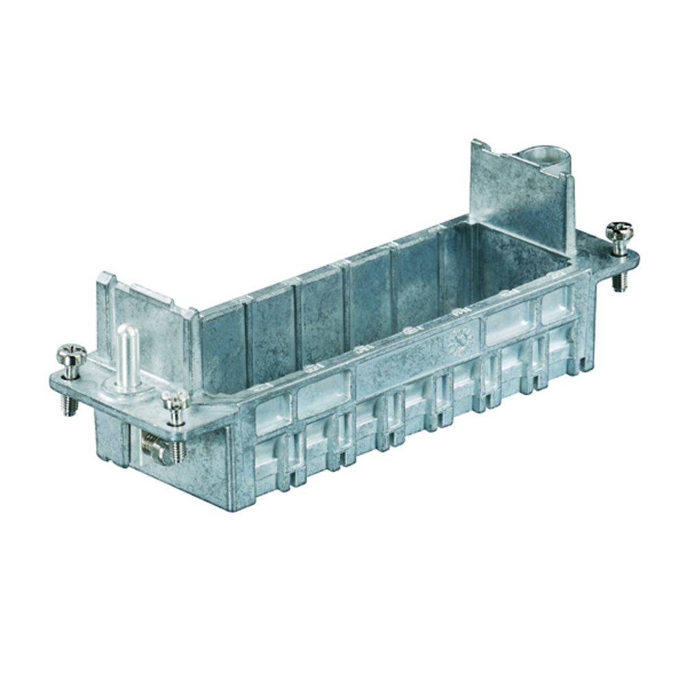 Metallene Vorrichtung in Rechteckform, möglicherweise eine Halterung oder Befestigungselement. Enthält Schraubverbindungen an den Ecken.