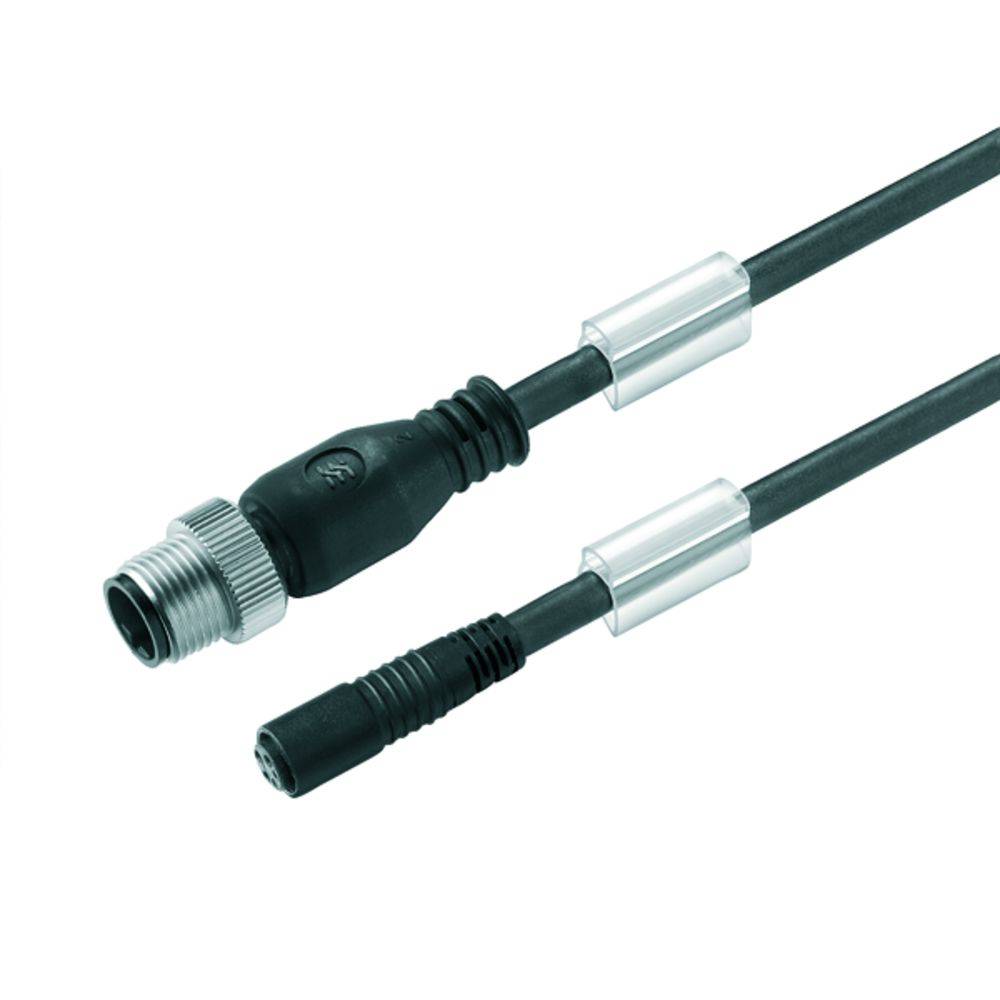 Ein schwarzes Kabel mit zwei silbernen, zylindrischen Verbindern an den Enden, auf weißem Hintergrund.