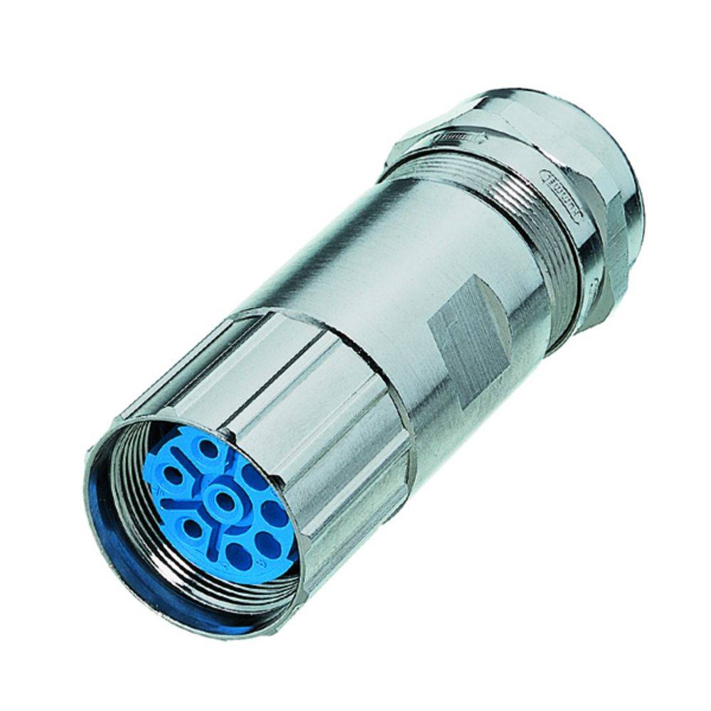 Ein silberfarbener, zylindrischer Stecker mit blauem Einsatz und mehreren Verbindungspunkten, vermutlich für industrielle Anwendungen.