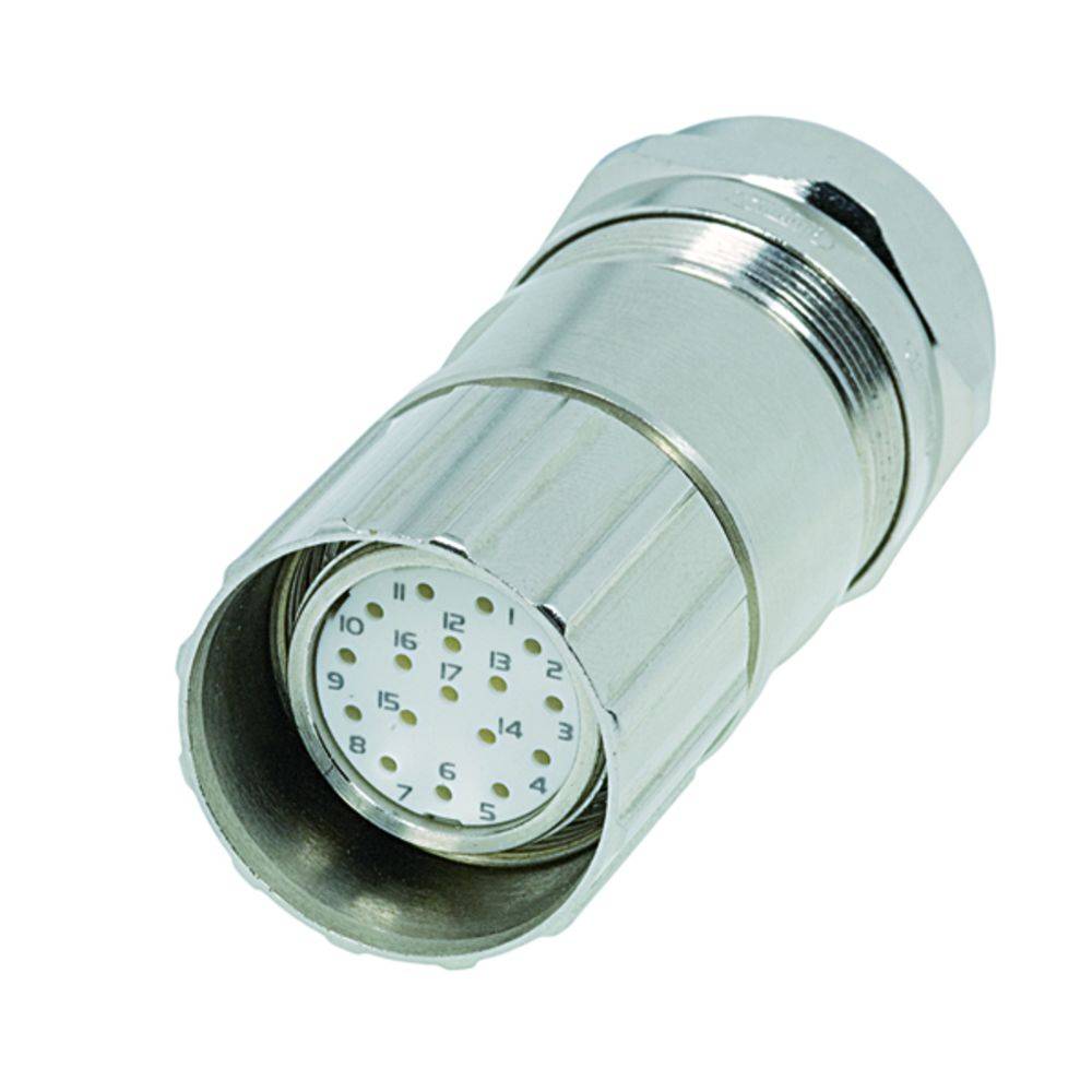 Ein verchromter Steckverbinder zeigt die Zahlen 1 bis 24 auf einem weißen Hintergrund, vermutlich zur Orientierung bei der Verkabelung.