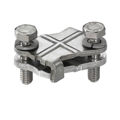 Metallklemme mit zwei Bolzen; wird zur sicheren Befestigung von Materialien oder Kabeln verwendet.