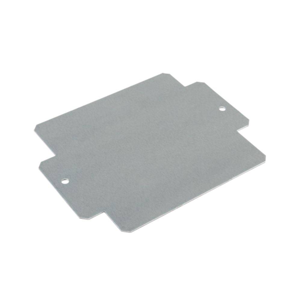 Eine flache, rechteckige Metallplatte mit abgerundeten Ecken und zwei Löchern an den Seiten, vermutlich zur Befestigung.