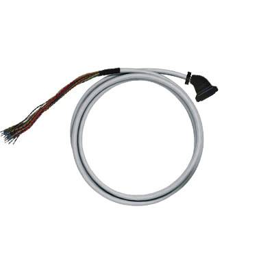 Ein graues Kabel mit einem abgewinkelten Stecker an einem Ende und offenen Drahtenden am anderen.