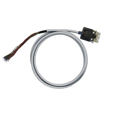 Ein grauer Kabelstrang mit einem Stecker am Ende, an einem Ende offen mit mehreren farbigen Drähten. Geeignet für elektronische Anschlüsse.