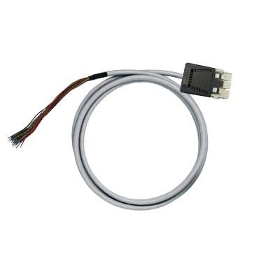 Ein graues Kabel mit offenem Drahtende rechts und einem schwarzen rechteckigen Anschluss links, geeignet für Elektronikverbindungen.