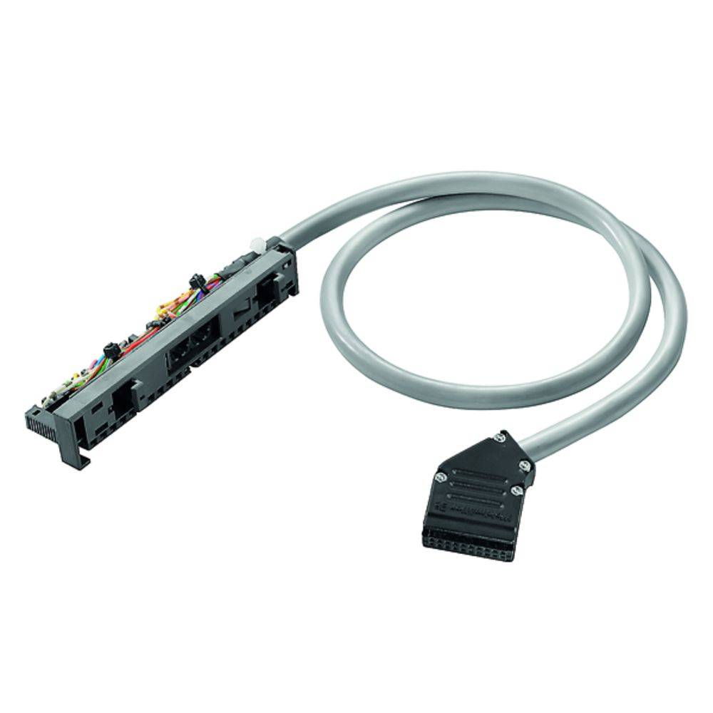 Ein graues Kabel mit einem rechteckigen Anschluss ist an einer schwarzen Schalttafel angeschlossen, die verschiedene bunte Elemente enthält.