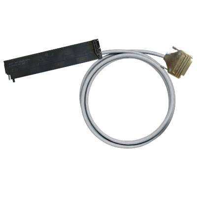 Langes schwarzes elektrisches Bauteil mit grauem Kabel und goldenem Stecker.