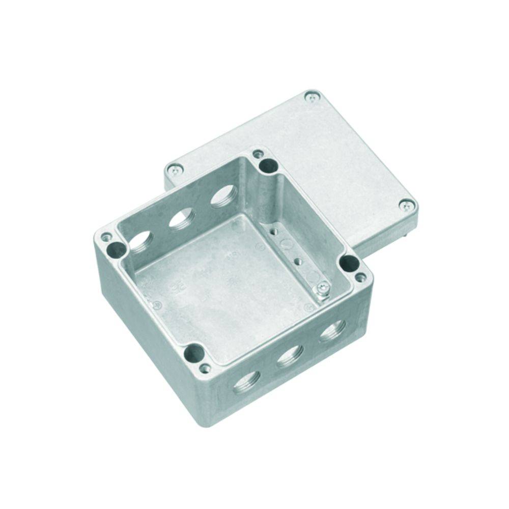 Metallene Anschlussdose mit abnehmbarem Deckel, zeigt mehrere Schrauböffnungen und seitliche Kabeldurchlässe.