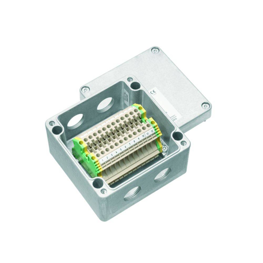 Metallanschlussdose mit geöffnetem Deckel, zeigt innenliegende Klemmen für elektrische Verbindungen. Geeignet für industrielle Anwendungen.