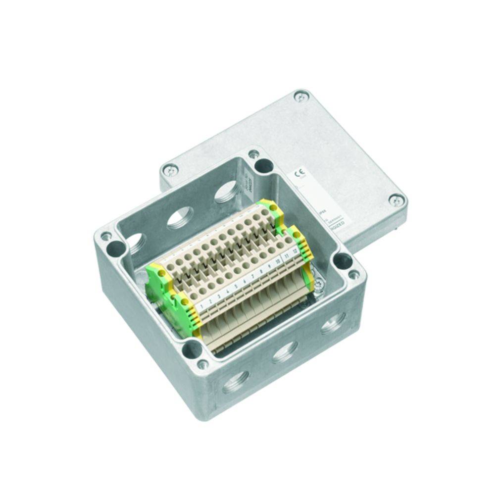 Metallene Anschlussdose mit offenem Deckel zeigt interne Klemmen für Kabelverbindungen. Geeignet für industrielle Elektroinstallationen.
