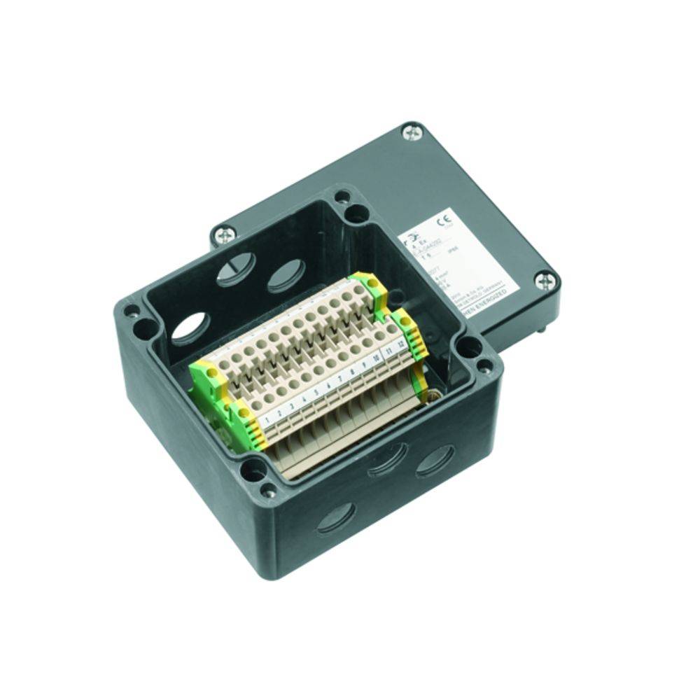 Schwarze Anschlussdose mit abgenommenem Deckel zeigt Innenleben mit farblich markierten Klemmen zur elektrischen Verdrahtung.