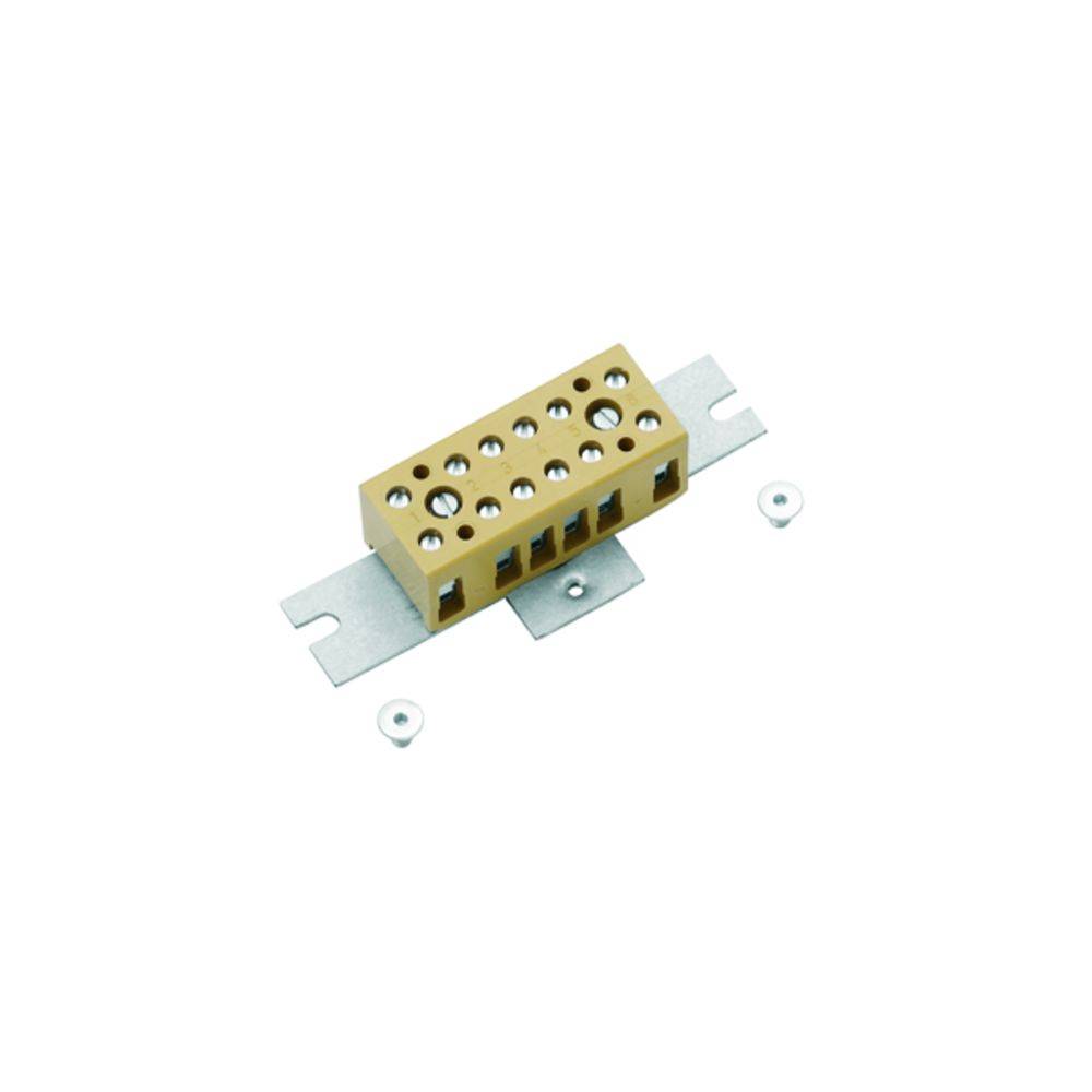 Metallene Klemmleiste mit mehreren Schraubklemmen, die auf einer flachen Metallplatte montiert ist. Einsetzbar für elektrische Verbindungen.
