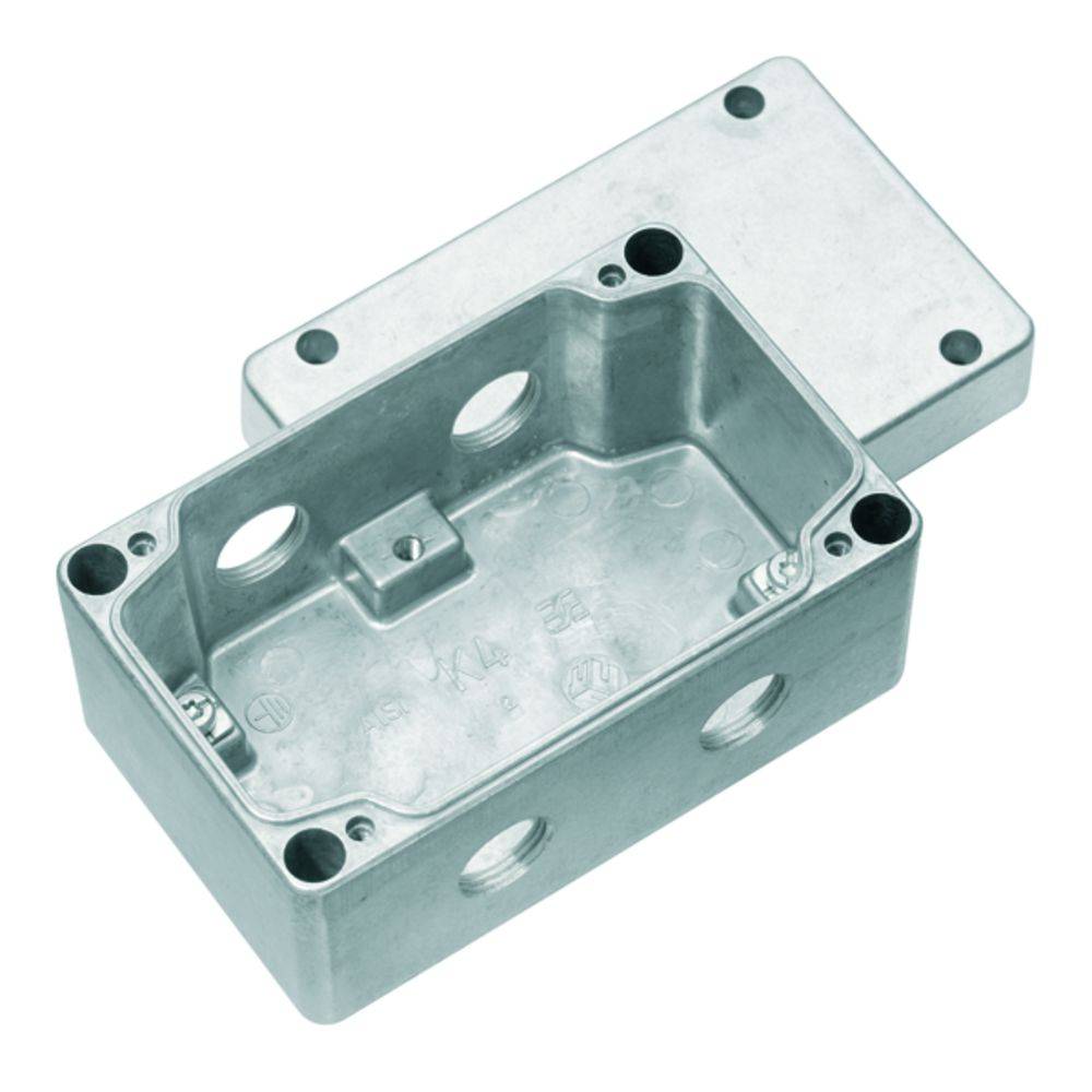 Metallene Anschlussdose mit abnehmbarem Deckel, vier Löcher an den Seiten, geeignet für Elektroinstallationen in feuchten Umgebungen.