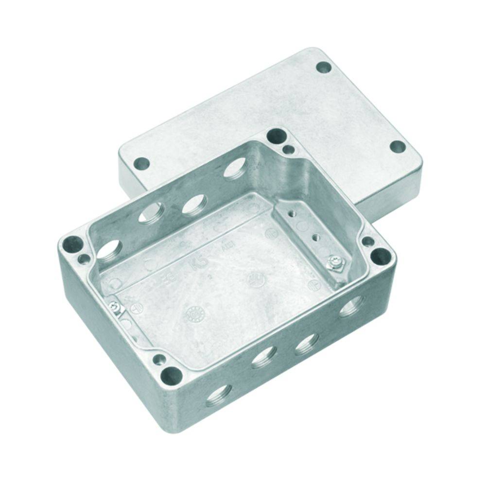 Ein rechteckiges Metallgehäuse mit abgenommenem Deckel, das mehrere runde Öffnungen an den Seiten zur Kabeldurchführung aufweist.
