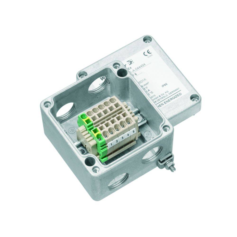 Metallverteilerkasten mit geöffnetem Deckel, zeigt Klemmenblock innen; eignet sich für elektrische Installationen; IP66 zertifiziert.