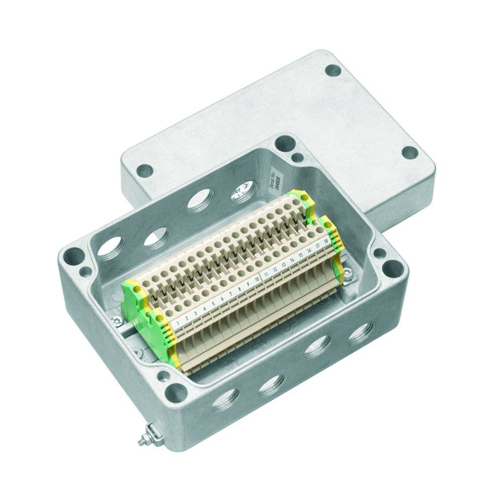 Anschlussdose aus Metall mit mehreren Kabeldurchführungen und einem innen liegenden Klemmblock zur elektrischen Verdrahtung.