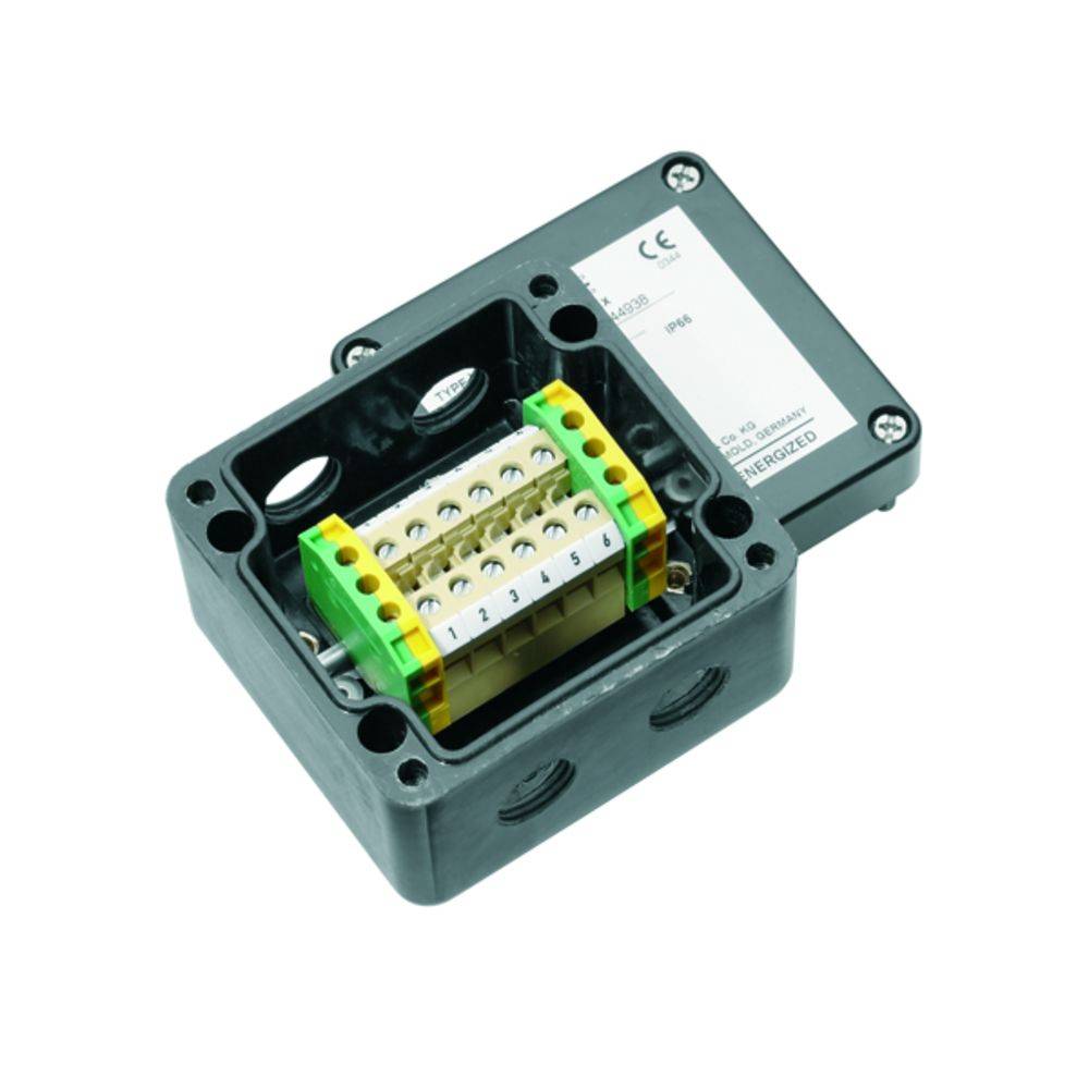 Schwarze elektrische Anschlussdose mit mehreren Kabeleingängen, innenliegender Klemmenblock, geeignet für Verkabelungszwecke.