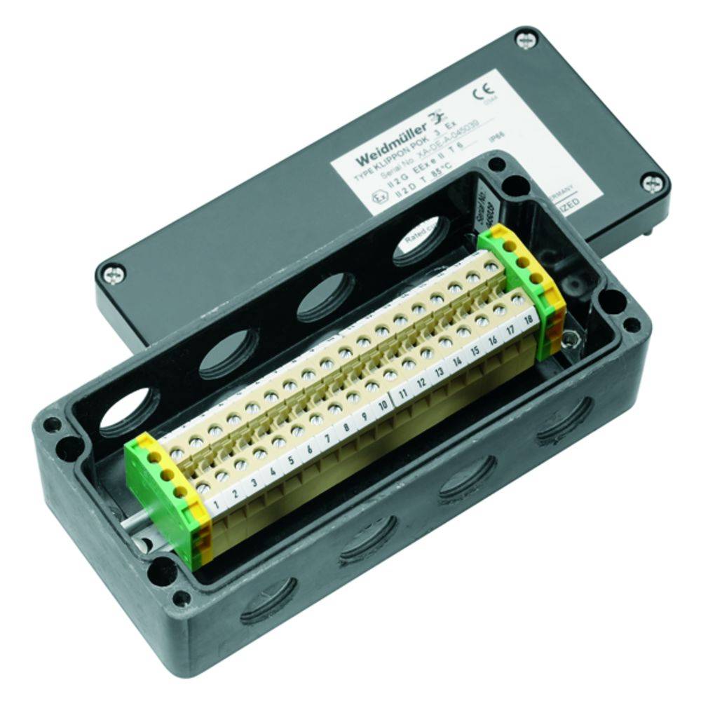 Elektrischer Verteilerkasten mit mehreren Anschlussklemmen. Rechteckiges, graues Gehäuse. Eignet sich zur Verdrahtung elektrischer Systeme.