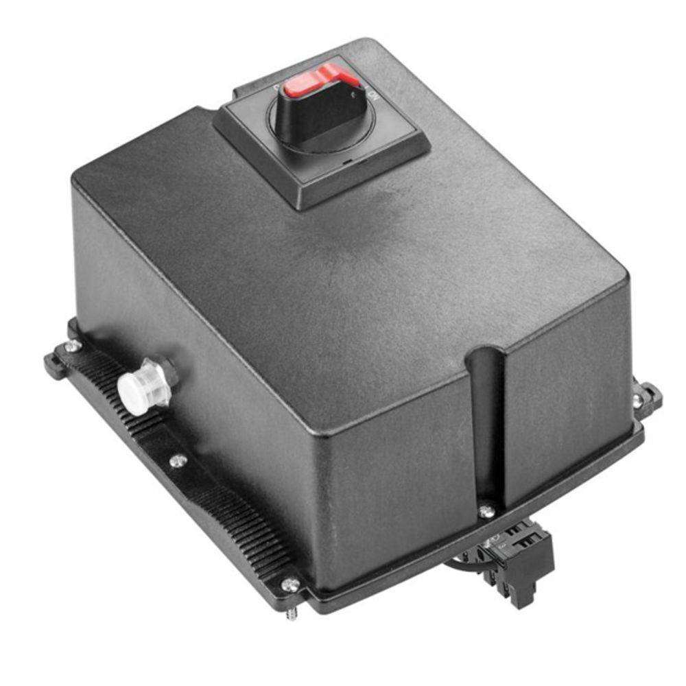 Schwarzes elektronisches Gerät mit rotem Kippschalter und Anschlusssteckern, wahrscheinlich ein Steuergerät oder eine Batterie.