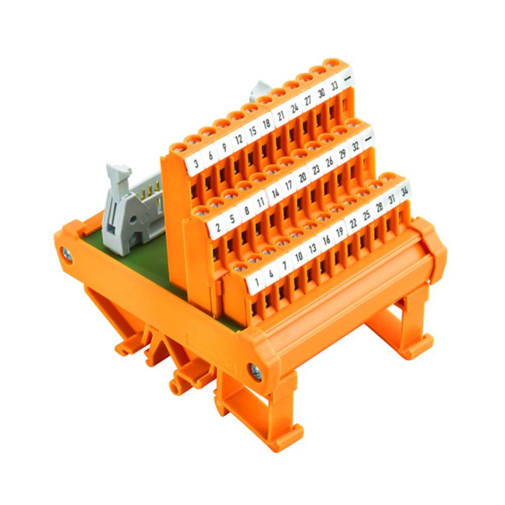 Orange Verdrahtungsklemme mit nummerierten Steckplätzen, die für den Schaltschrankbau verwendet wird, um elektrische Verbindungen zu ordnen.