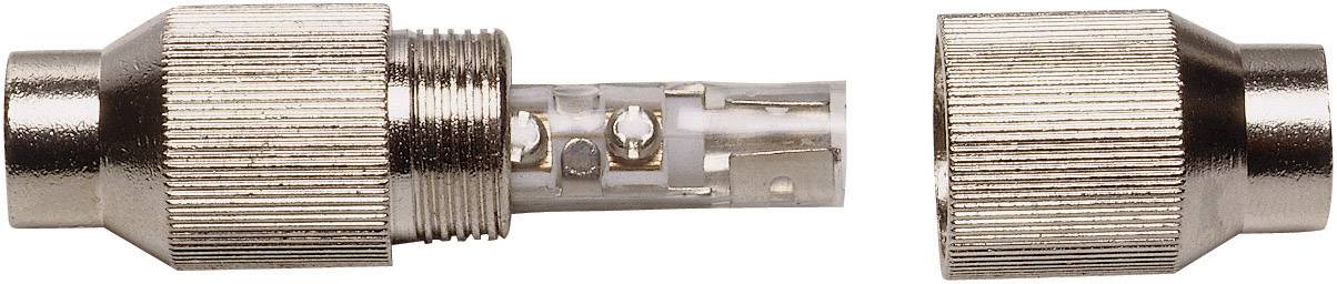 Zwei koaxiale Steckverbinder aus Metall, die zueinander ausgerichtet sind, aber nicht verbunden. Links ein Stecker und rechts eine Buchse.