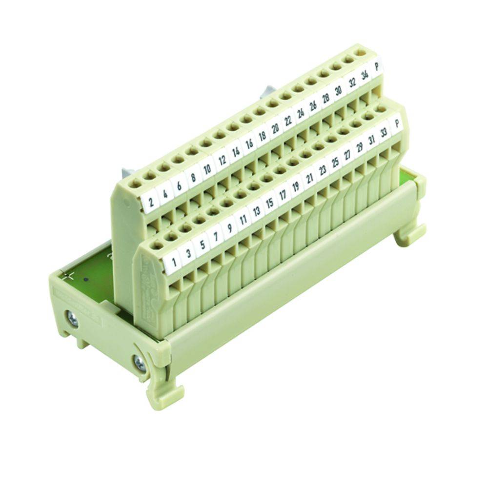 Klemmenblock mit nummerierten Anschlüssen, geeignet für elektrische Verbindungen. Enthält 32 nummerierte Klemmen in zwei Reihen.