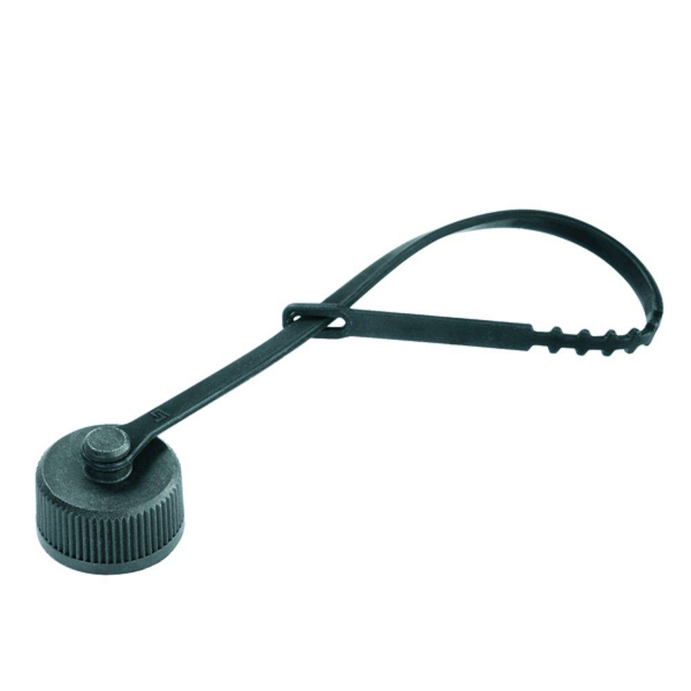 Ein schwarzer Deckel mit einem verstellbaren Riemen, der als Sicherungsband dient, möglicherweise für industrielle oder technische Anwendungen.