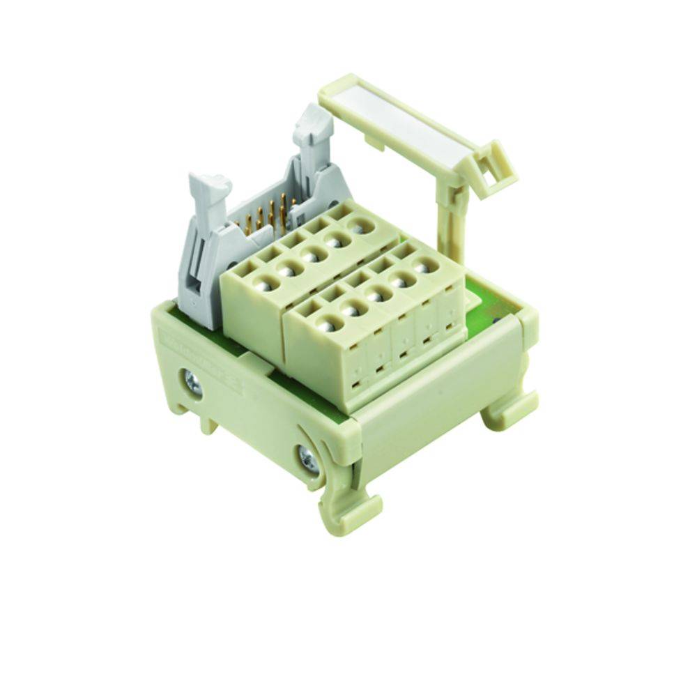 Ein grüner elektrischer Steckverbinder mit aufklappbarem Deckel und mehreren Anschlussklemmen, geeignet für Verkabelungszwecke.