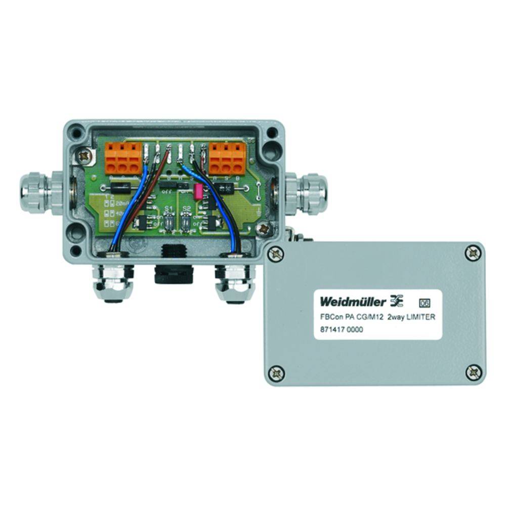 'Weidmüller' Gehäuse zeigt elektronische Schaltung mit Kabeln und Anschlüssen für industrielle Anwendungen.