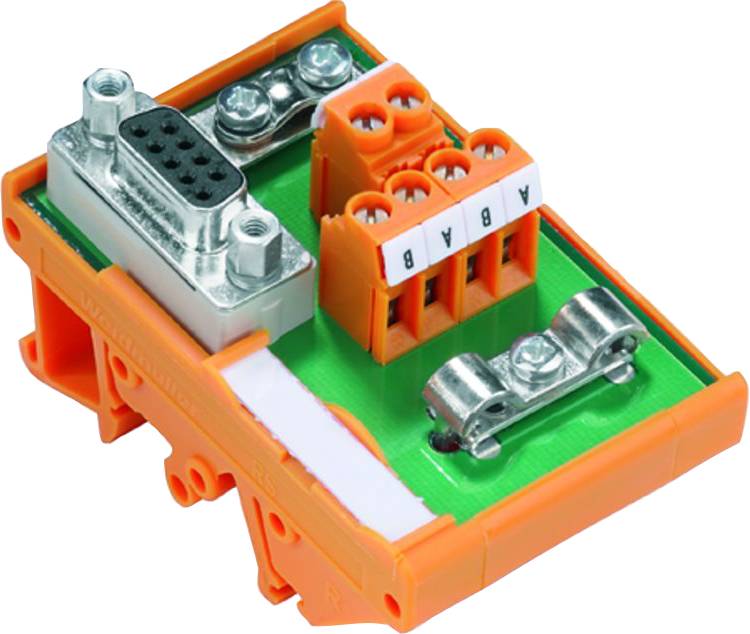 Ein Baugruppenträger mit mehreren Anschlüssen, darunter ein schwarzer 9-poliger Anschluss und orangefarbene Klemmen mit der Beschriftung 'A/B'.