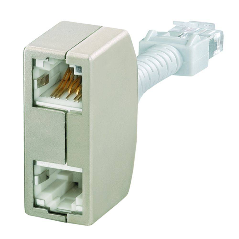 Ein Ethernet-Verteiler mit zwei RJ45-Anschlüssen und einem Kabel. Geeignet für die Verbindung von Netzwerkkabeln in einem Heim- oder Büronetzwerk.
