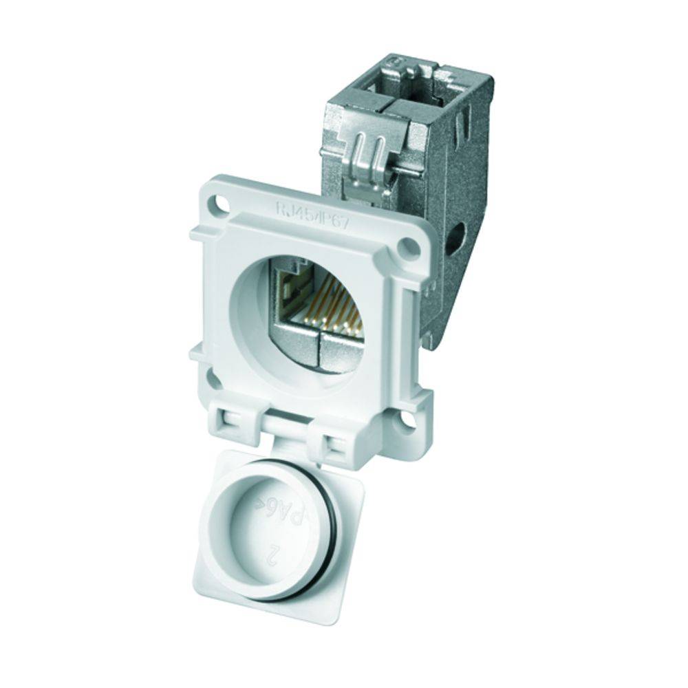 Industriesteckdose mit RJ45-Anschluss, ausgeklappter Abdeckung und Metallgehäuse. Geeignet für robuste Netzwerkverbindungen.