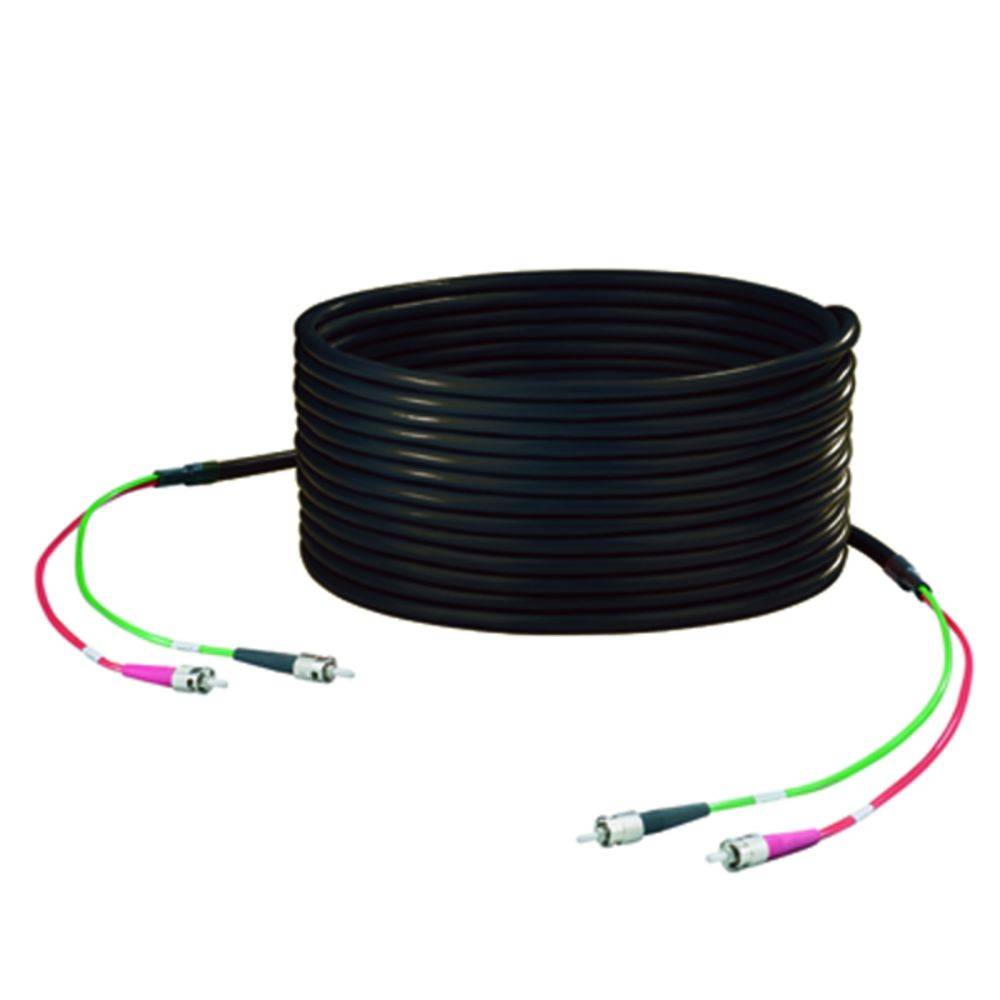 Ein langes, schwarzes Kabel ist zu einer Spule gewickelt und hat an beiden Enden farbige Steckverbinder.