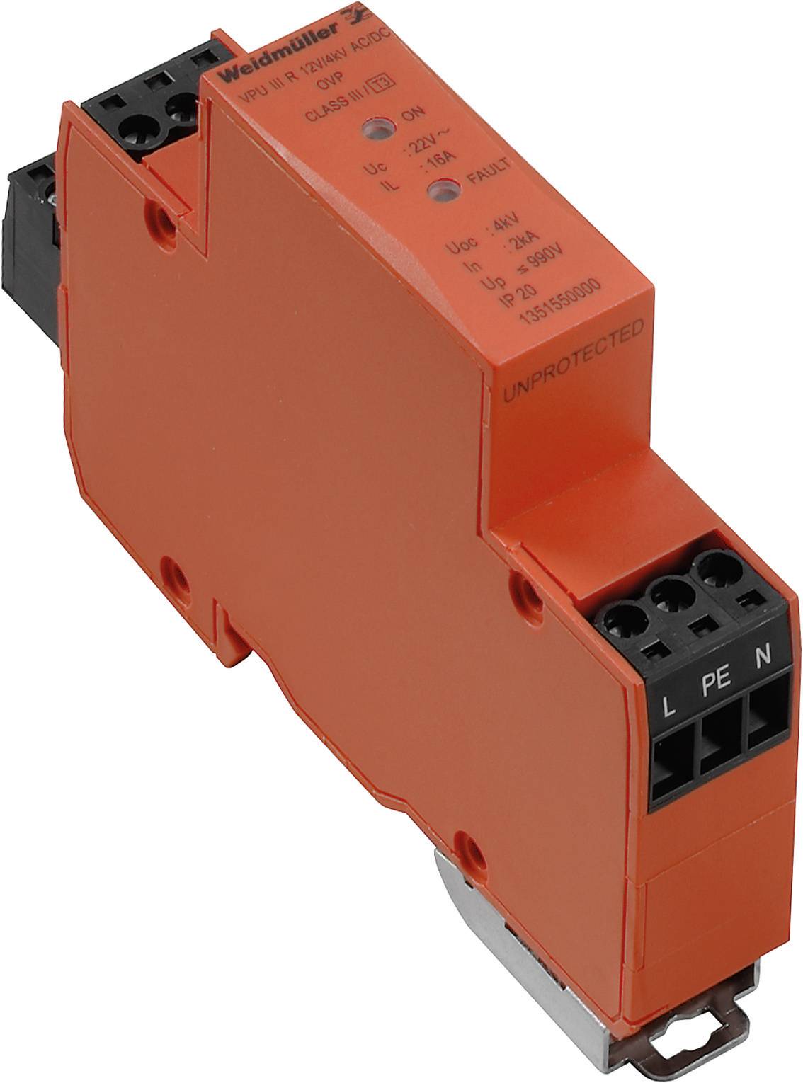 Oranges Überspannungsschutzgerät mit schwarzem Anschlussblock von Weidmüller zur Montage auf Hutschiene; Beschriftungen auf Vorderseite.