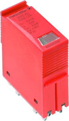 Rotes elektronisches Bauteil mit Steckkontakten. Aufdruck oben: 'Weidmüller', technische Daten seitlich. Zweck: elektrische Verbindung.