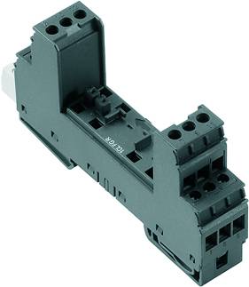 Schwarzer elektrischer Steckadapter mit mehreren Anschlussklammern und rechteckigem Sockel, geeignet für industrielle Anwendungen.
