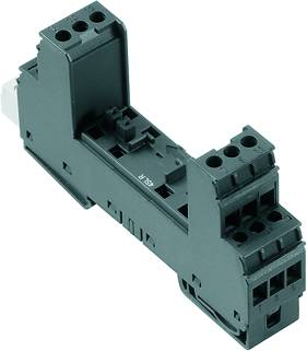 Elektrische Relaisfassung, schwarz, rechteckig, mehrere Steckplätze für Relaisanschlüsse.