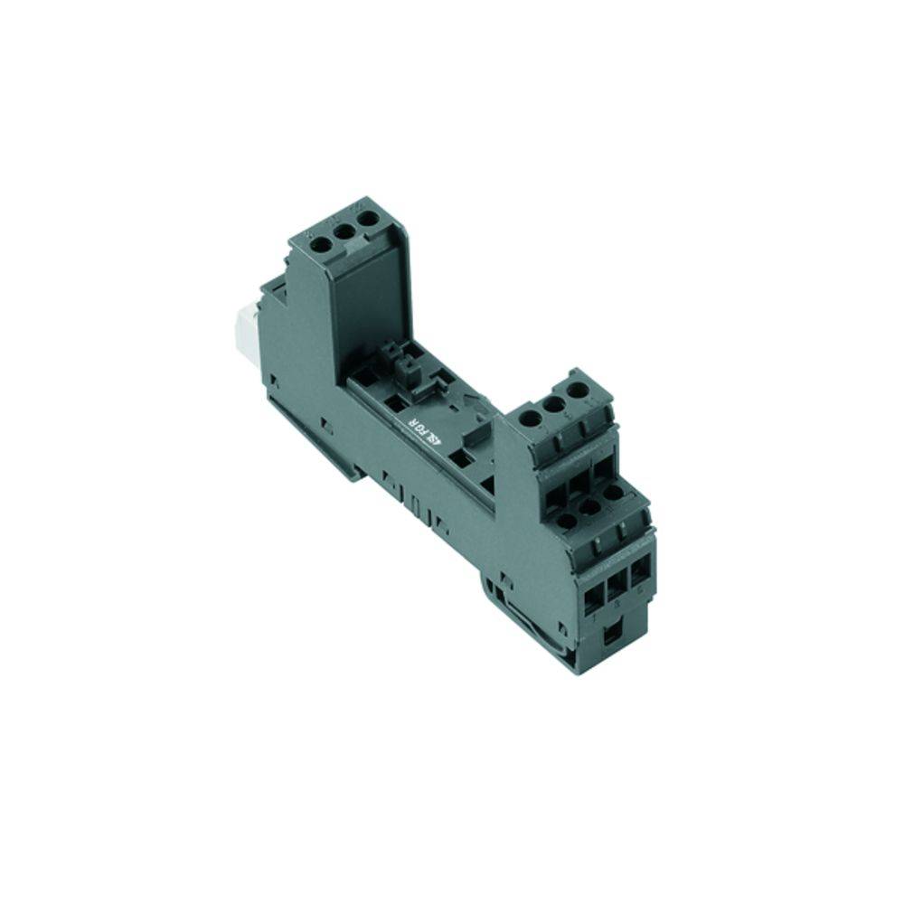 Ein grauer Sockeladapter für Relaismodule, auf einer weißen Hintergrundfläche. Er verfügt über mehrere Befestigungsklemmen.