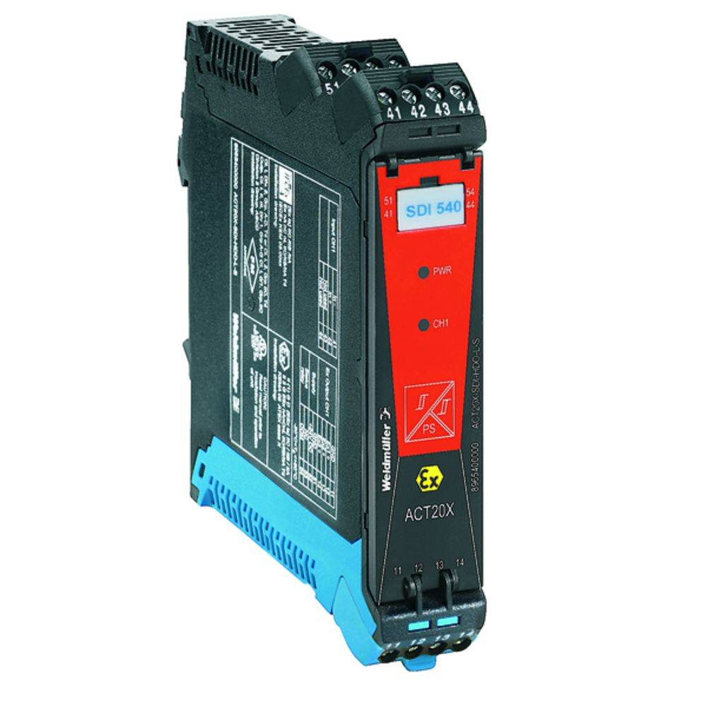 Elektronisches Gerät mit Beschriftung 'SDI 540', rote Frontplatte, diverse Anschlüsse oben. Herstellername 'Weidmüller'.