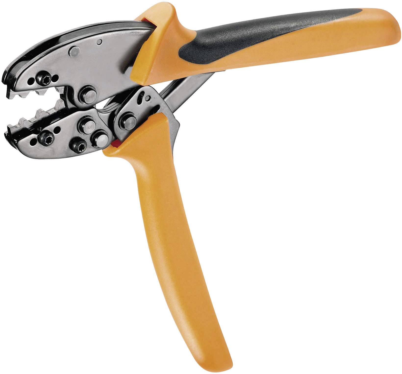 Crimpzange mit orange-schwarzem Griff, geöffnet, zeigt Metallbacken zum Pressen von Kabelverbindungen.