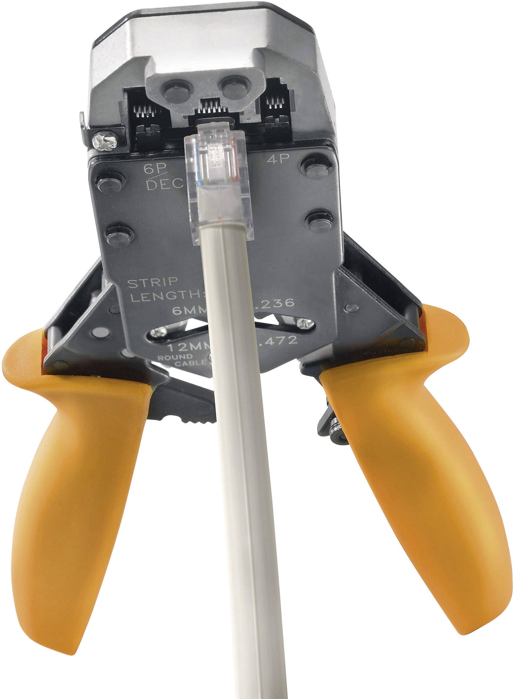 Der gezeigte Netzwerkkabel-Crimper mit orangefarbenen Griffen wird verwendet, um RJ45-Stecker an Netzwerkkabel zu befestigen.