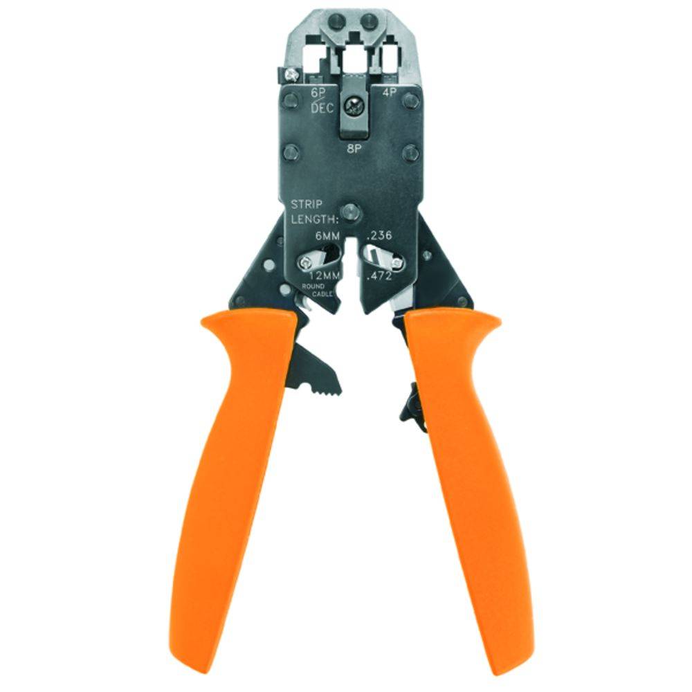 Zange mit orangefarbenen Griffen zum Abisolieren und Schneiden von Kabeln. Markierungen für verschiedene Schnittlängen sind sichtbar.