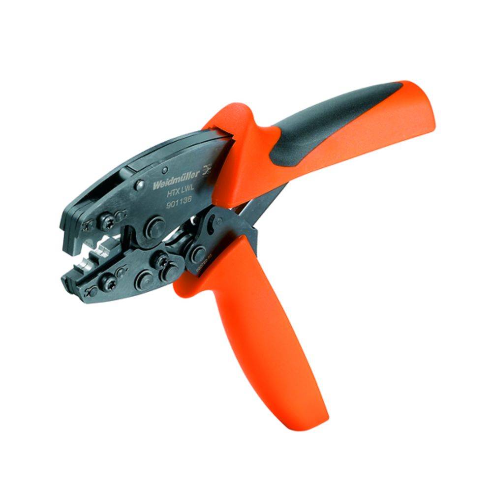 Eine rote Crimpzange mit schwarzem Griff, geeignet für elektrische Verkabelungsarbeiten, zeigt die Mechanik und Pressbacken.
