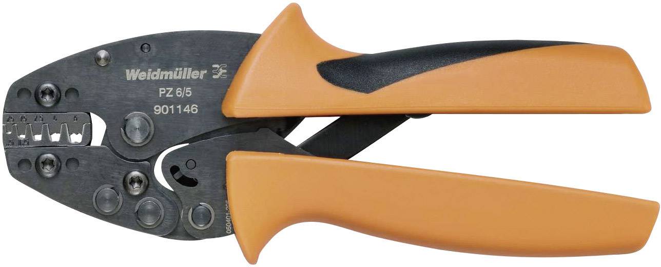 Abbildung einer Crimpzange mit orangen Griffen, markiert mit 'Weidmüller PZ 6/5 901146', verwendet zum Verbinden von Kabeln.