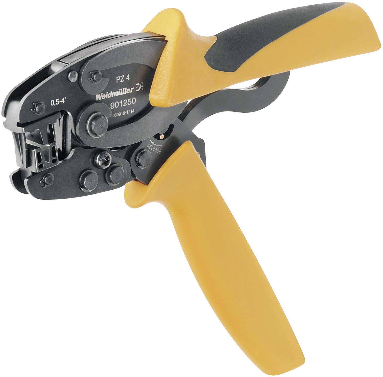 Handcrimpzange mit gelbem Griff und schwarzem Kopf, geeignet für präzises Quetschen von Metallkabelschuhen.