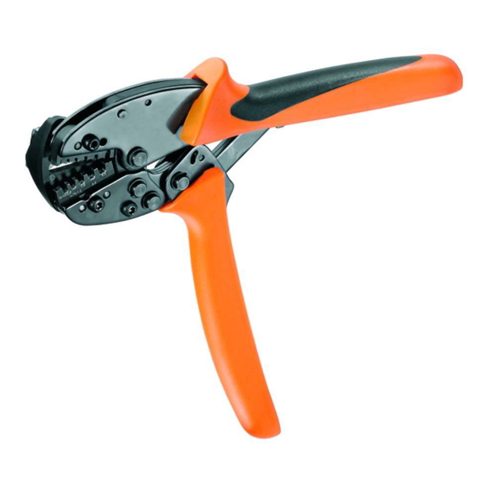 Eine orange-schwarze Crimpzange mit ergonomischem Griff, geeignet für das Verbinden von Kabeln und Elektronikarbeiten.